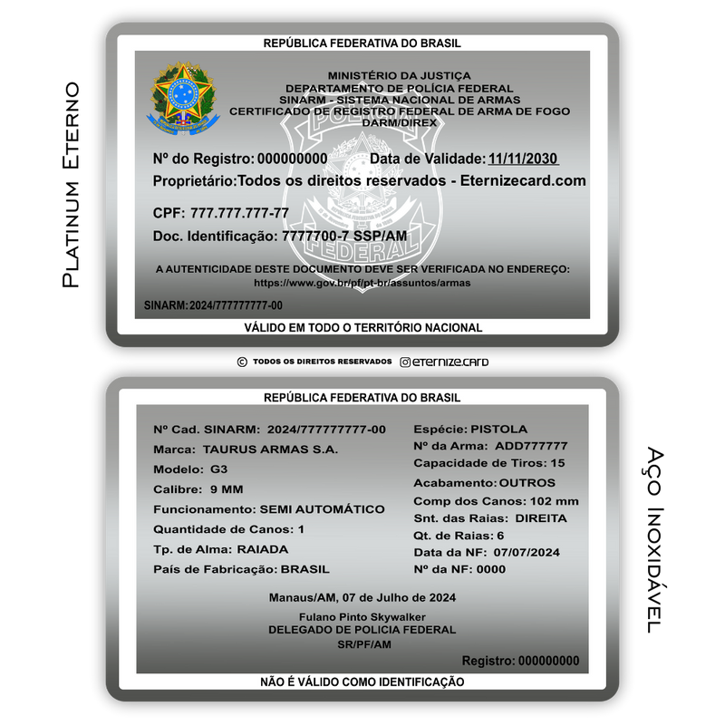 Cartão SINARM de metal inoxidável platinum gravado a laser com foto colorida, premium - frente e verso. Melhor que PVC.