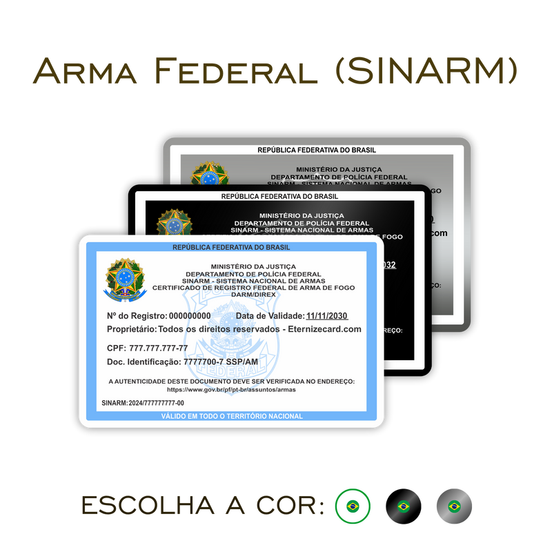 Cartões SINARM de metal inoxidável gravado a laser premium colorido/preto/platinum - Frente. Melhor que PVC.