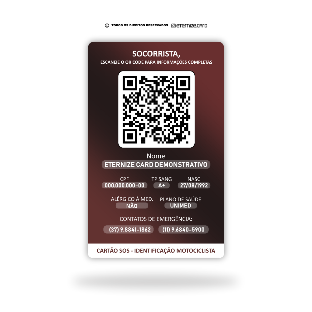 Cartão SOS de metal inoxidável gravado a laser com dados médicos de emergência para motociclistas - verso.