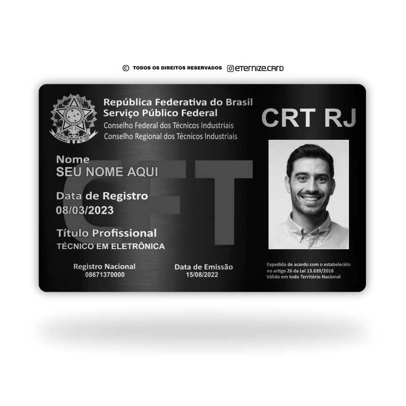 Cartão CRT de metal inoxidável black preto gravado a laser premium - frente. Melhor que PVC.