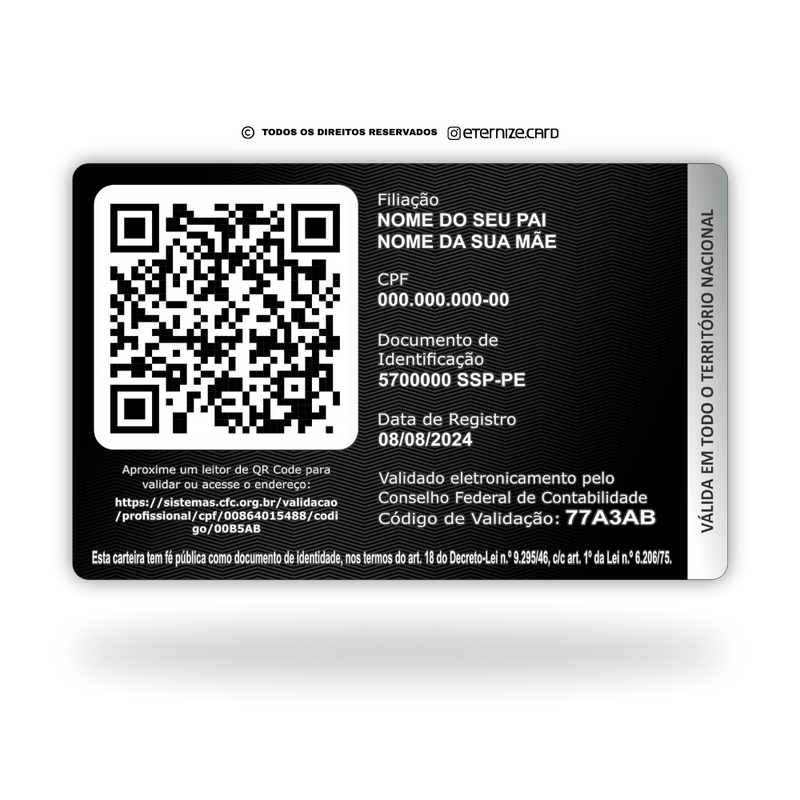 Cartão CFC Profissional de metal inoxidável black preto gravado a laser premium - verso. Melhor que PVC.
