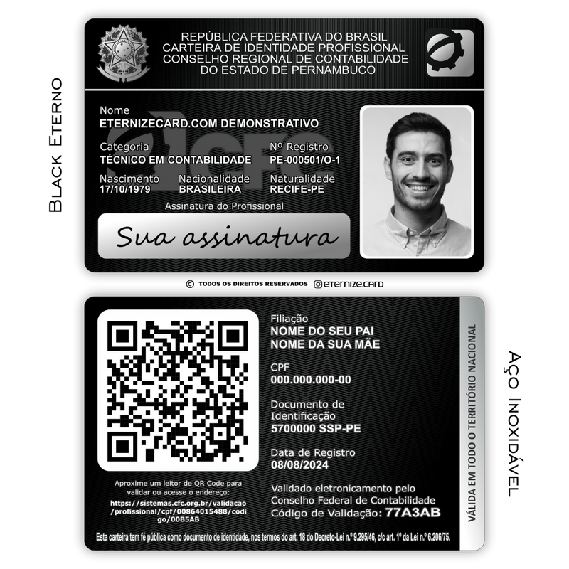 Cartão CFC Profissional de metal inoxidável black preto gravado a laser premium - frente e verso. Melhor que PVC.