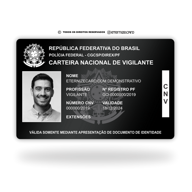 Carteira Nacional de Vigilante de metal inoxidável black preto gravado a laser premium - frente. Melhor que PVC.