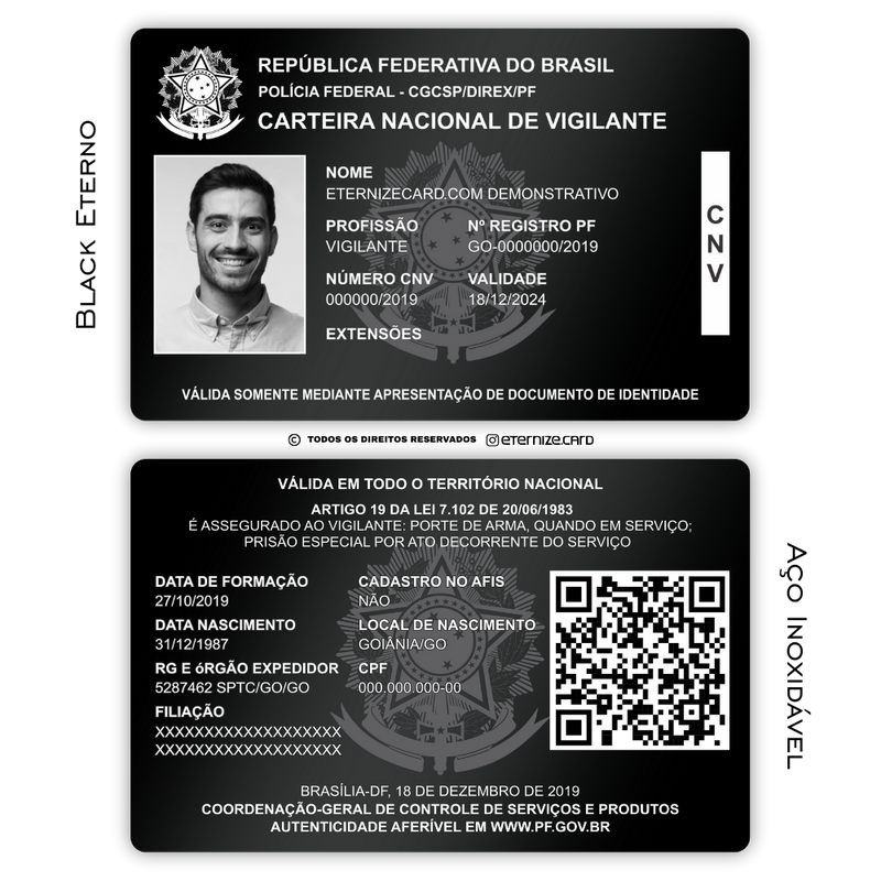 Carteira Nacional de Vigilante de metal inoxidável black preto gravado a laser premium - frente e verso. Melhor que PVC.